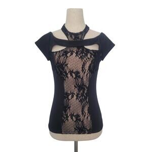Y2k Guess Off The Shoulder Mock Neck Lace Cut Out Top Sz M Black Grunge Goth